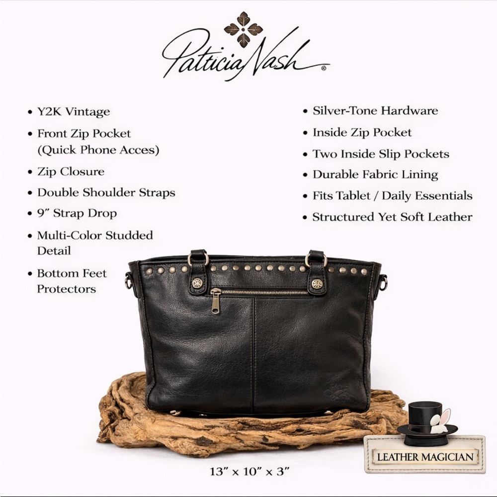 Patricia Nash Black Leather Studded Shoulder Tote Y2K Vintage